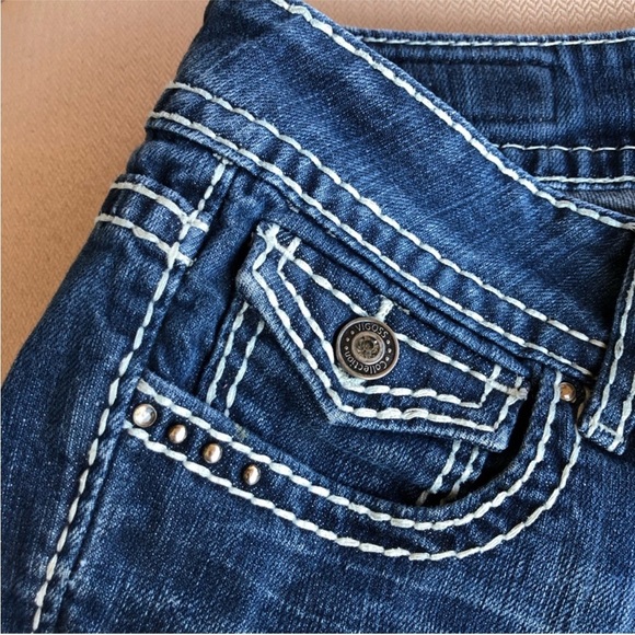 Vigoss Tick Stitch Ring-stone button flap embellished back Pocket Capri Jeans 28 - Picture 8 of 16
